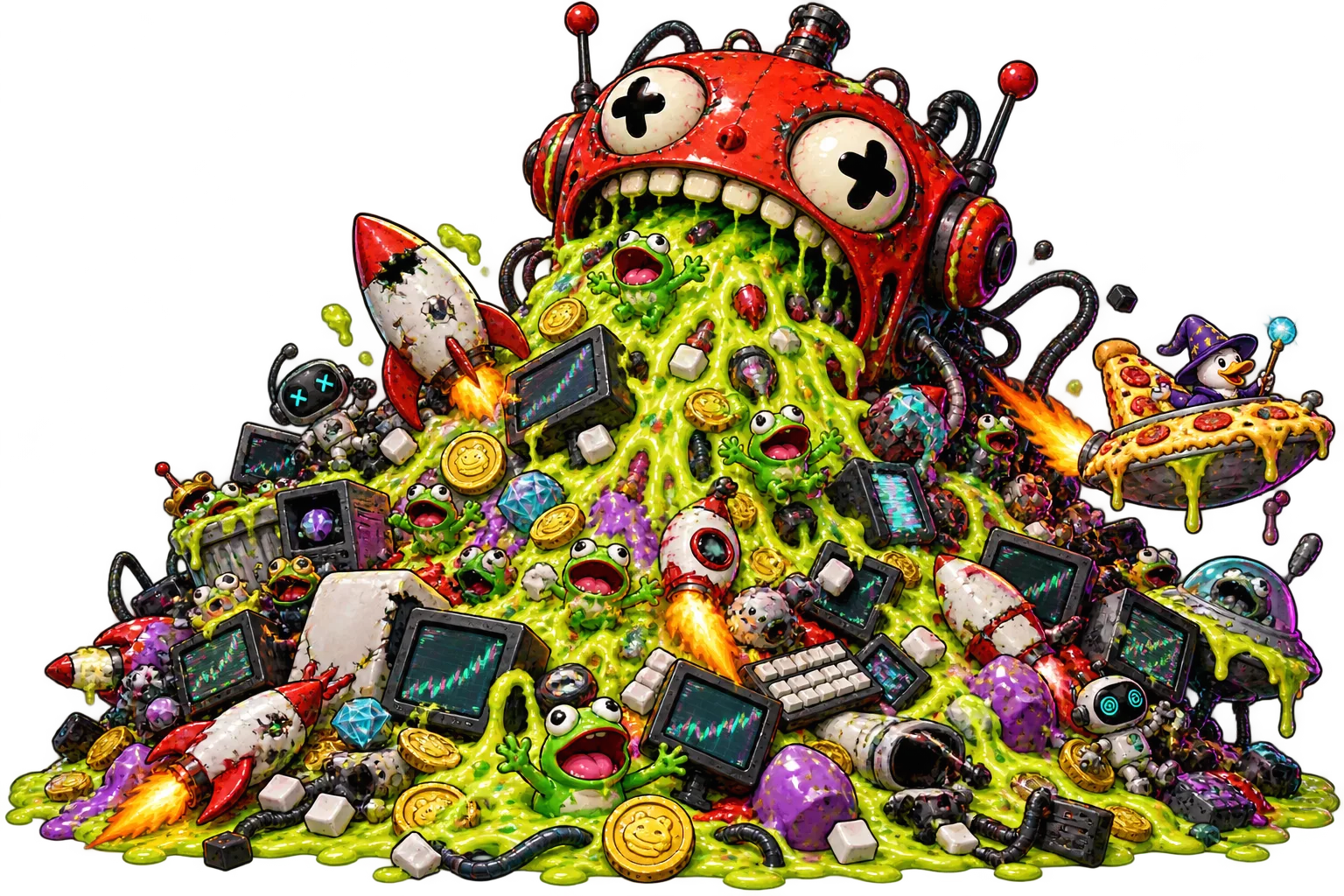A red robot throwing up a chaotic heap of frogs, rockets, trading screens and fluorescent green slime